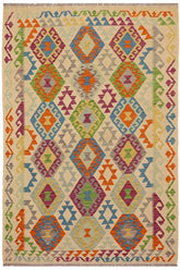 Flat Weave Kilim Antique Navaho Vintage handmade Geometric Kilim Beige Blue Hand-Woven Rectangle 100% Wool Area Rug 5x7